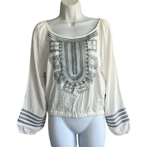 NG the label Blue White Rayon Boho Cropped Blouse